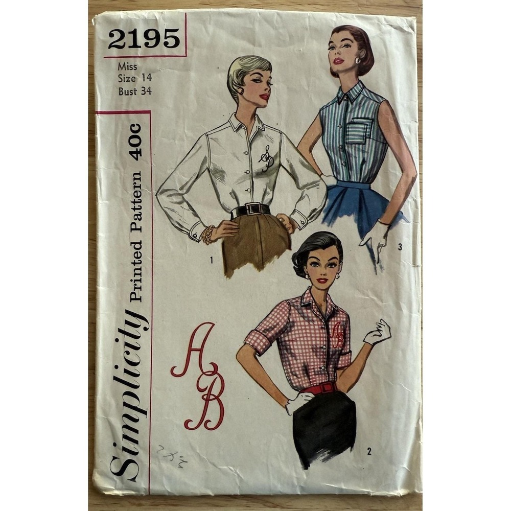 VTG Simplicity Pattern 2195 Misses' Blouse w Transfer Size 14 Miss Cut Complete